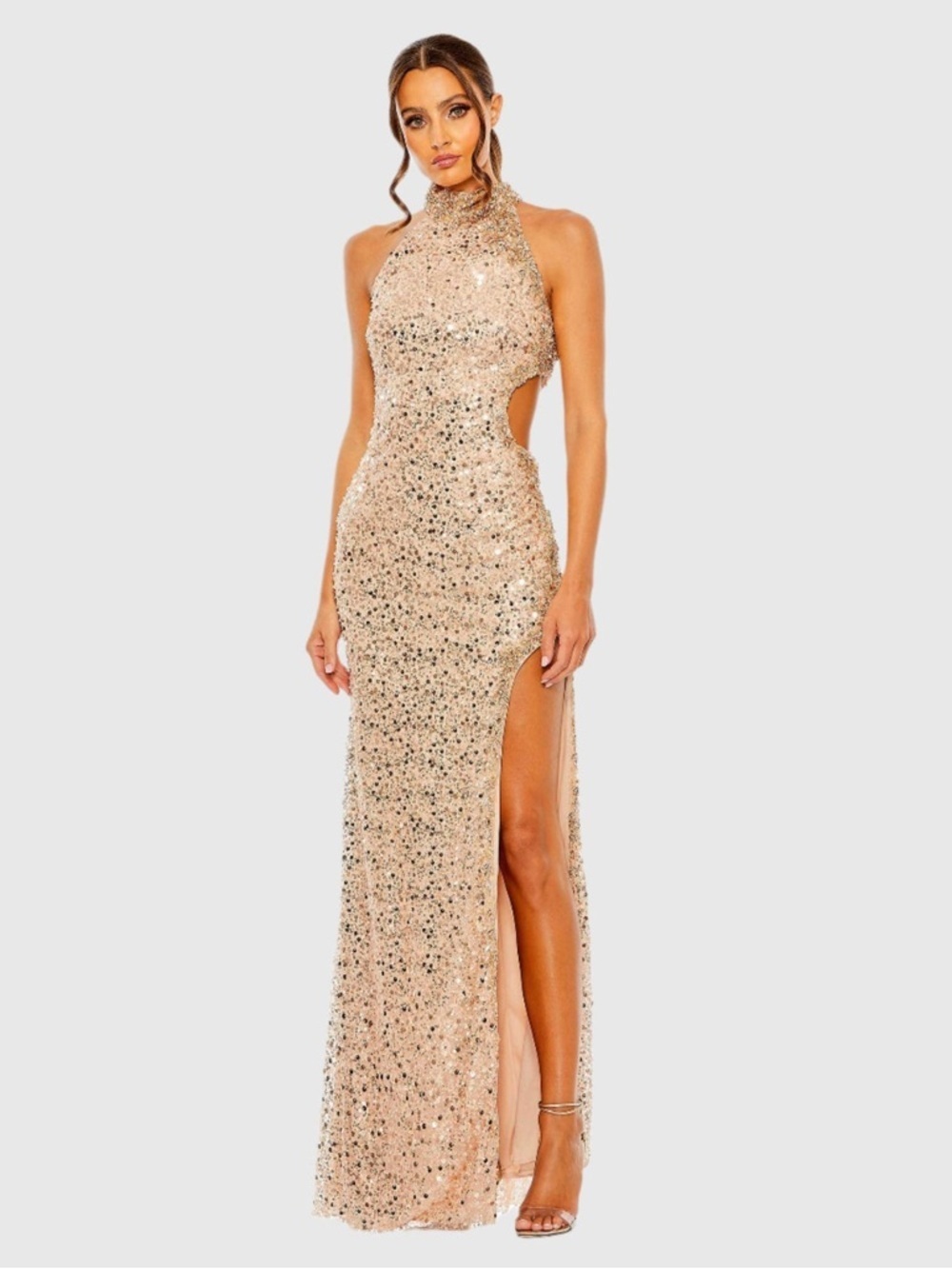 Mac Duggal 49679 Gold Side Cut Out High Neck Sequin Gown Size 4 NWT